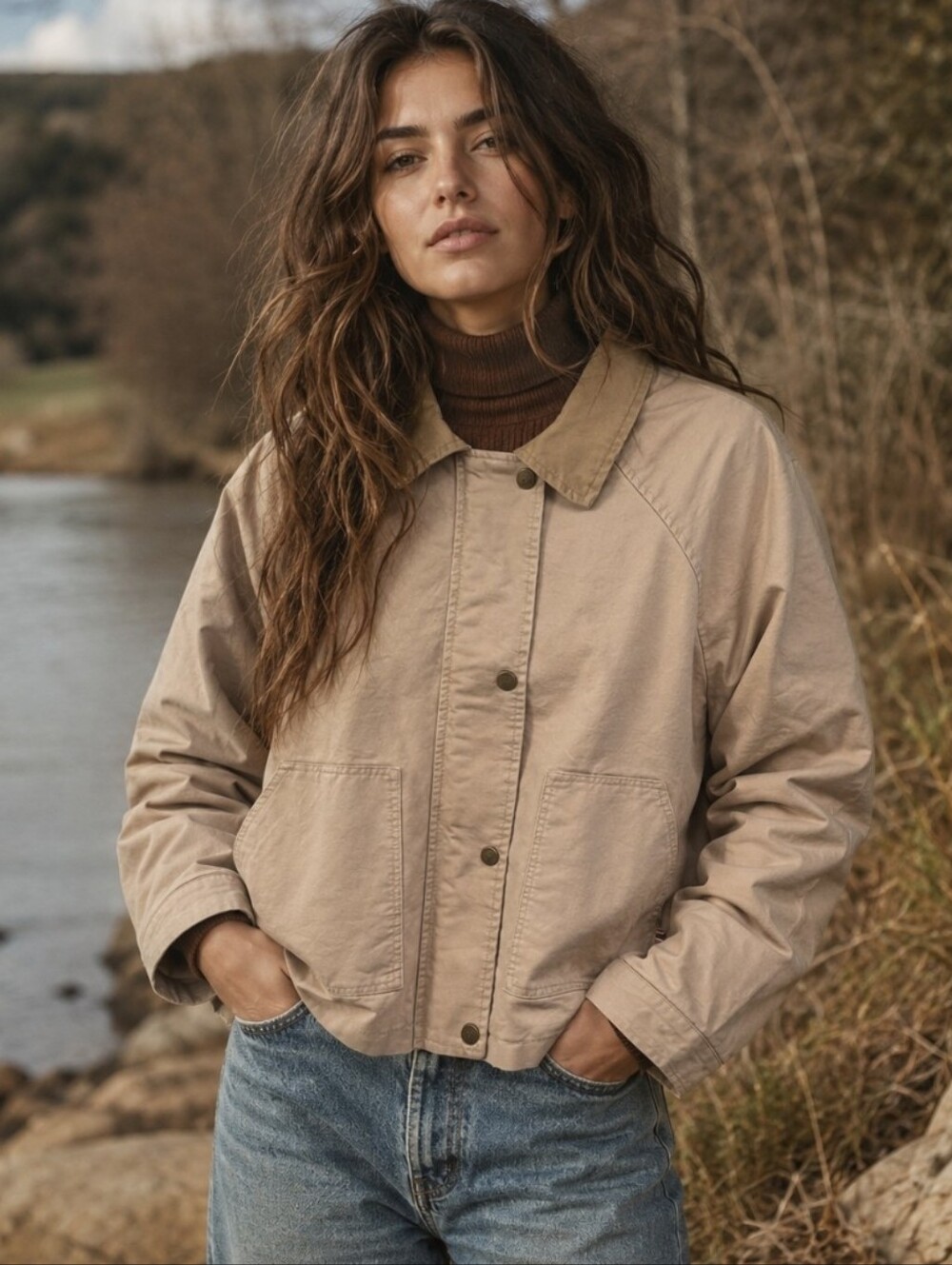 Hunter Barn Jacket Khaki Beige Boxy Fit Utility Chore Jacket EUC Women's Sz L